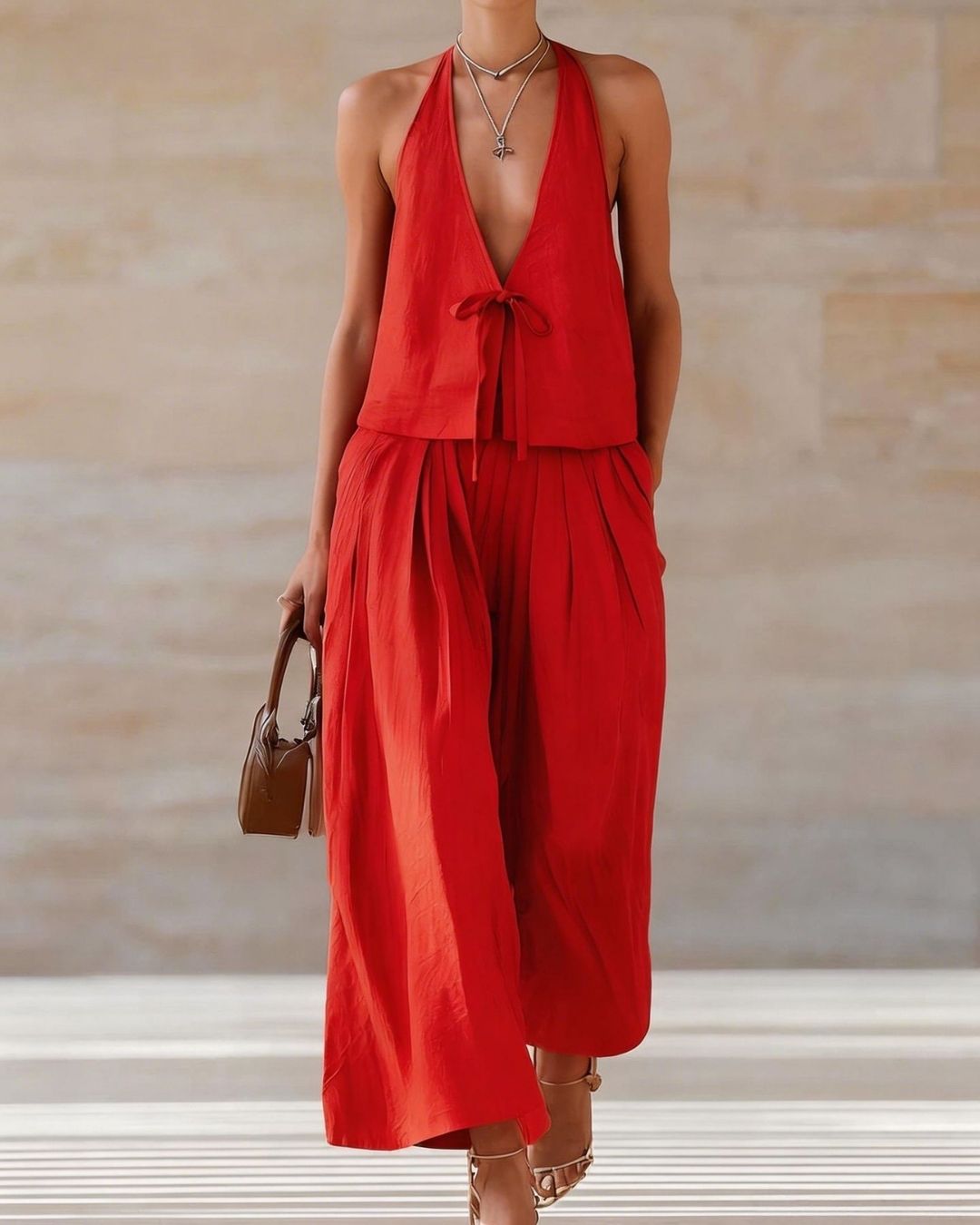 Curvvvy® Sleeveless Vest & Wide-Leg Pants Set – 2-Piece Lace-Up Outfit