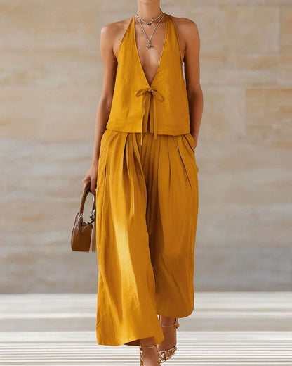 Curvvvy® Sleeveless Vest & Wide-Leg Pants Set – 2-Piece Lace-Up Outfit