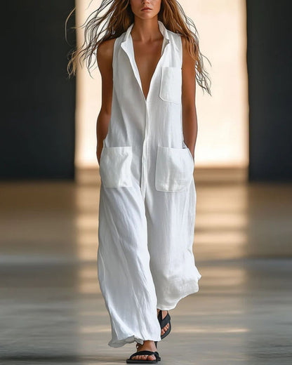 Curvvvy® Casual Loose Retro WhiteBreathable Linen Sleeveless WideLeg Pants Jumpsuit