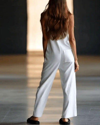 Curvvvy® Casual Loose Retro WhiteBreathable Linen Sleeveless WideLeg Pants Jumpsuit