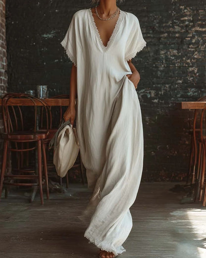 Curvvvy® Linen Cotton Lace Trim Maxi Dress Boho Summer Beach Casual Loose Fit Flowy A-Line Long Dress Oversized V-Neck Vintage Style Dress