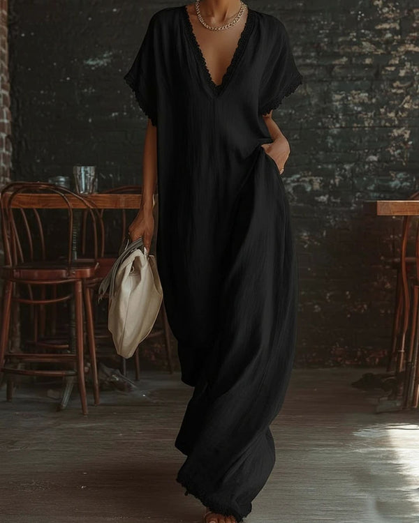 Curvvvy® Linen Cotton Lace Trim Maxi Dress Boho Summer Beach Casual Loose Fit Flowy A-Line Long Dress Oversized V-Neck Vintage Style Dress