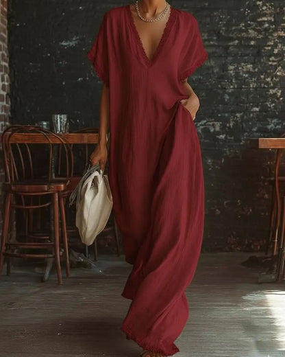 Curvvvy® Linen Cotton Lace Trim Maxi Dress Boho Summer Beach Casual Loose Fit Flowy A-Line Long Dress Oversized V-Neck Vintage Style Dress