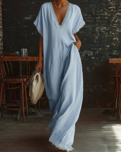 Curvvvy® Linen Cotton Lace Trim Maxi Dress Boho Summer Beach Casual Loose Fit Flowy A-Line Long Dress Oversized V-Neck Vintage Style Dress