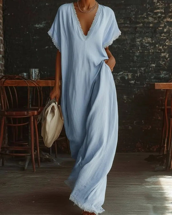 Curvvvy® Linen Cotton Lace Trim Maxi Dress Boho Summer Beach Casual Loose Fit Flowy A-Line Long Dress Oversized V-Neck Vintage Style Dress