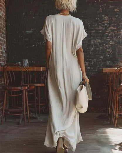 Curvvvy® Linen Cotton Lace Trim Maxi Dress Boho Summer Beach Casual Loose Fit Flowy A-Line Long Dress Oversized V-Neck Vintage Style Dress