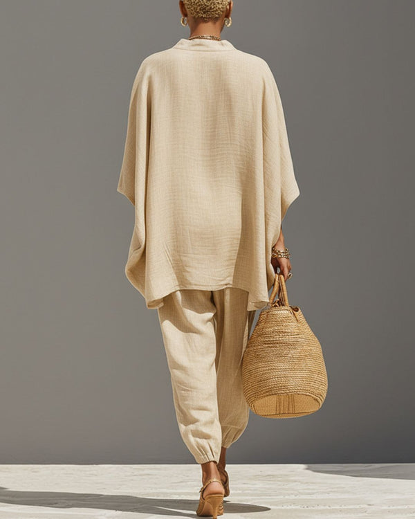 Curvvvy® Vacation Two-Piece Set Oversized V-Neck Tunic Relaxed Fit Pants Coastal Brunch Outfit
