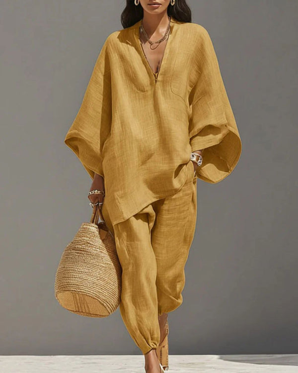 Curvvvy® Vacation Two-Piece Set Oversized V-Neck Tunic Relaxed Fit Pants Coastal Brunch Outfit