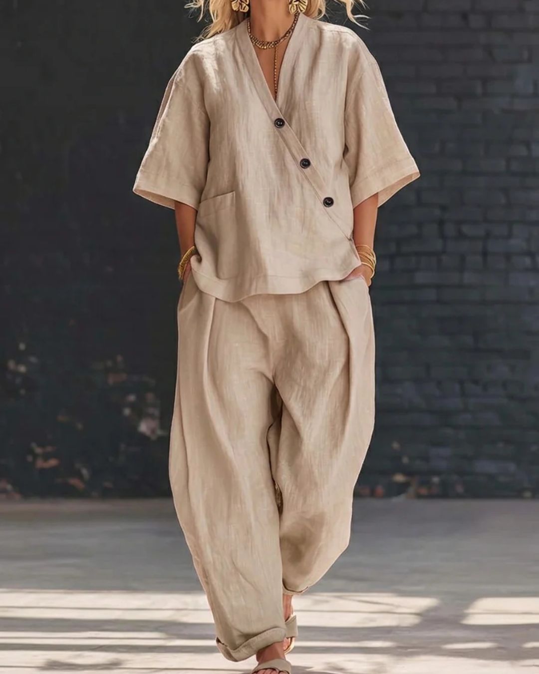 Curvvvy® Casual Cotton And Linen V-neck Top And Wide Leg Set