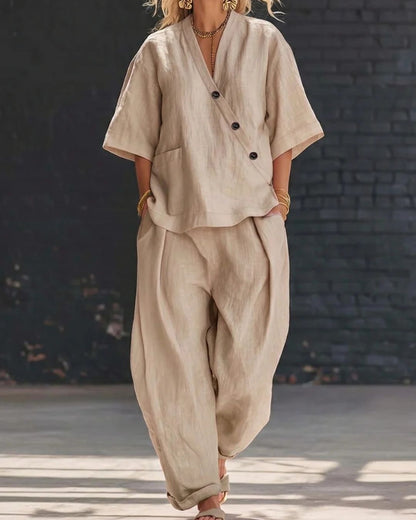 Curvvvy® Casual Cotton And Linen V-neck Top And Wide Leg Set