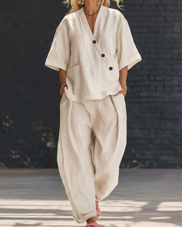 Curvvvy® Casual Cotton And Linen V-neck Top And Wide Leg Set