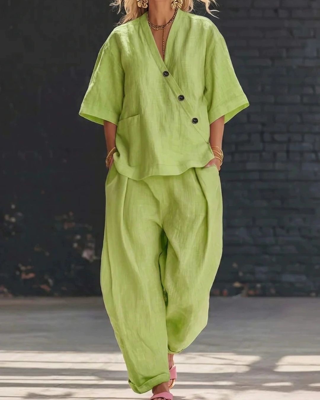 Curvvvy® Casual Cotton And Linen V-neck Top And Wide Leg Set