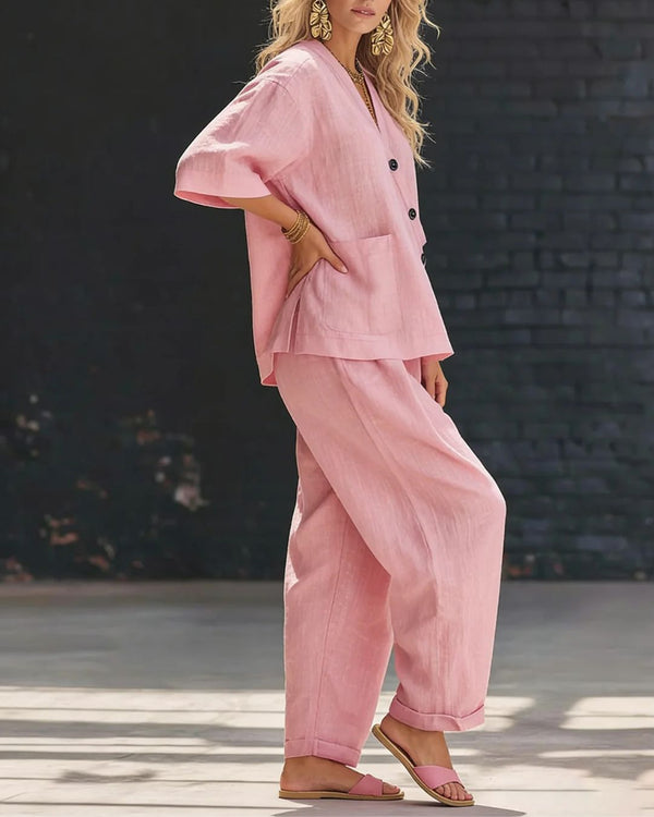 Curvvvy® Casual Cotton And Linen V-neck Top And Wide Leg Set