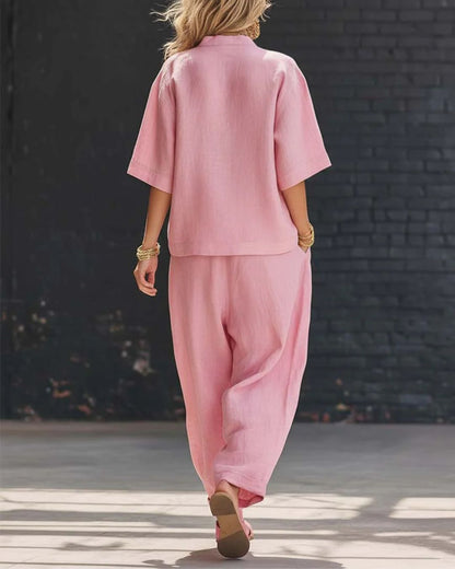 Curvvvy® Casual Cotton And Linen V-neck Top And Wide Leg Set