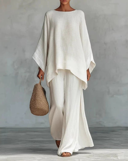 Curvvvy® Linen Blend Crew Neck Long-sleeved Loose Top and Elastic Waist Casual Wide-leg Pants Set