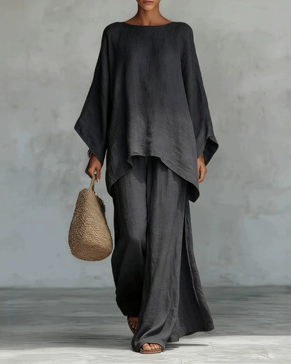Curvvvy® Linen Blend Crew Neck Long-sleeved Loose Top and Elastic Waist Casual Wide-leg Pants Set