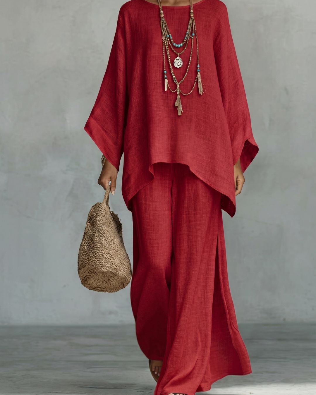 Curvvvy® Linen Blend Crew Neck Long-sleeved Loose Top and Elastic Waist Casual Wide-leg Pants Set