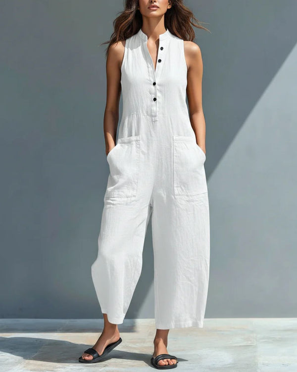 Curvvvy® Vintage Solid Color Sleeveless Jumpsuit Stand Collar Loose Leg Spring Summer Work & Casual Outfit
