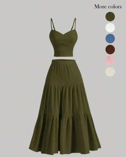 Curvvvy® Casual Fashion Cozy Crop Cami Top & A-line Skirt Two-piece Outfits