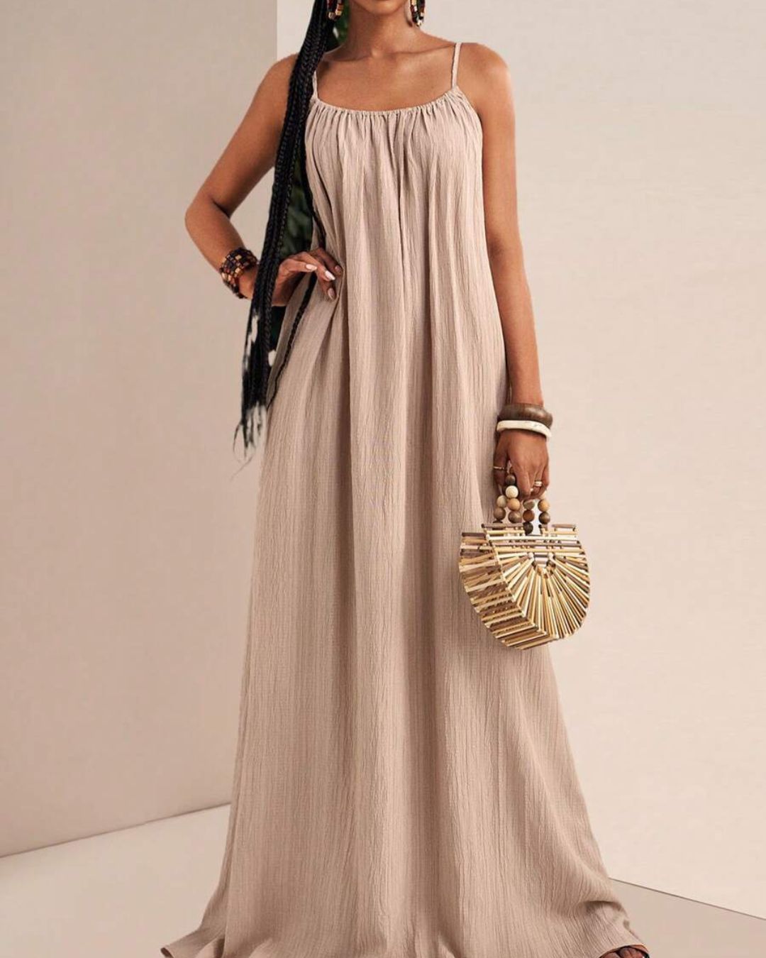 Curvvvy® Solid Color Pleated Slip Maxi Casual Dress, Flowy Dress