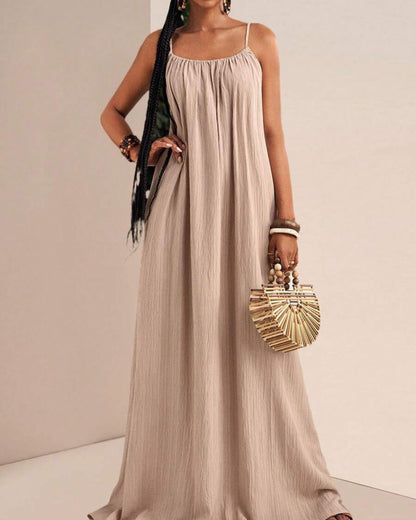 Curvvvy® Solid Color Pleated Slip Maxi Casual Dress, Flowy Dress