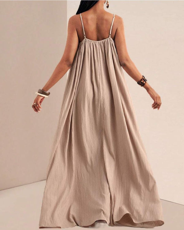 Curvvvy® Solid Color Pleated Slip Maxi Casual Dress, Flowy Dress