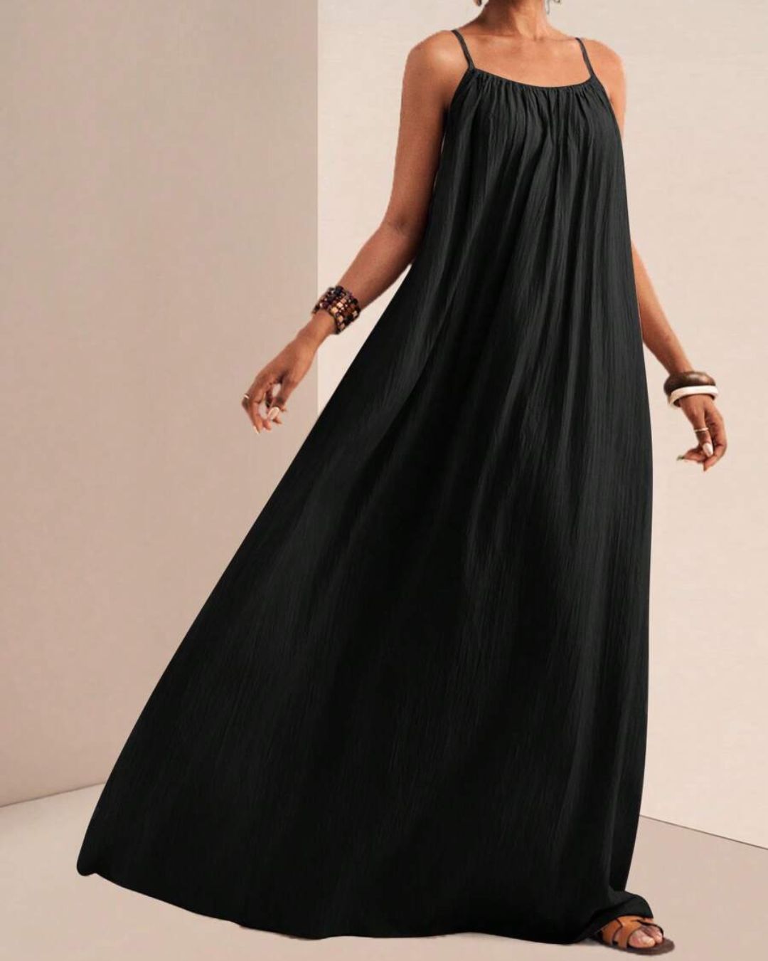 Curvvvy® Solid Color Pleated Slip Maxi Casual Dress, Flowy Dress