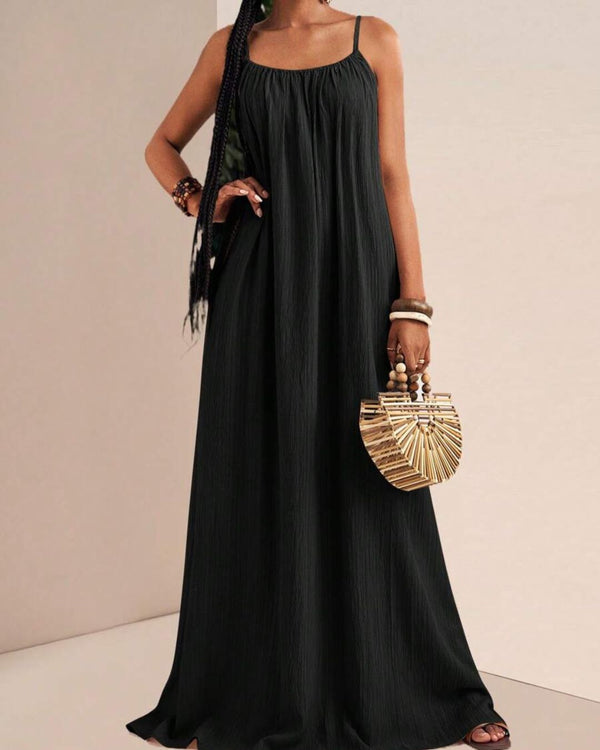 Curvvvy® Solid Color Pleated Slip Maxi Casual Dress, Flowy Dress