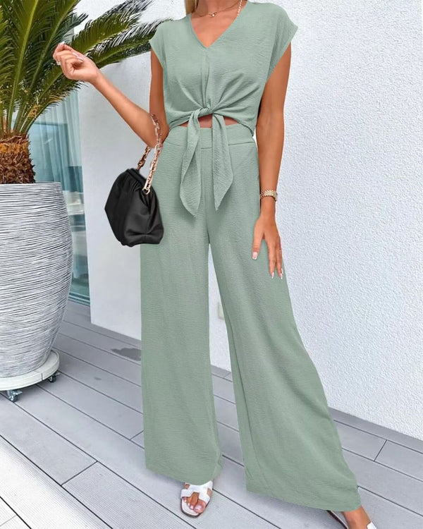 Curvvvy® Casual 2 Piece Outfits Cap Sleeve V Neck Belted Crop Tops Wide Leg Pant Sets