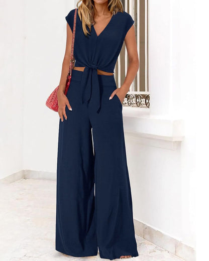 Curvvvy® Casual 2 Piece Outfits Cap Sleeve V Neck Belted Crop Tops Wide Leg Pant Sets