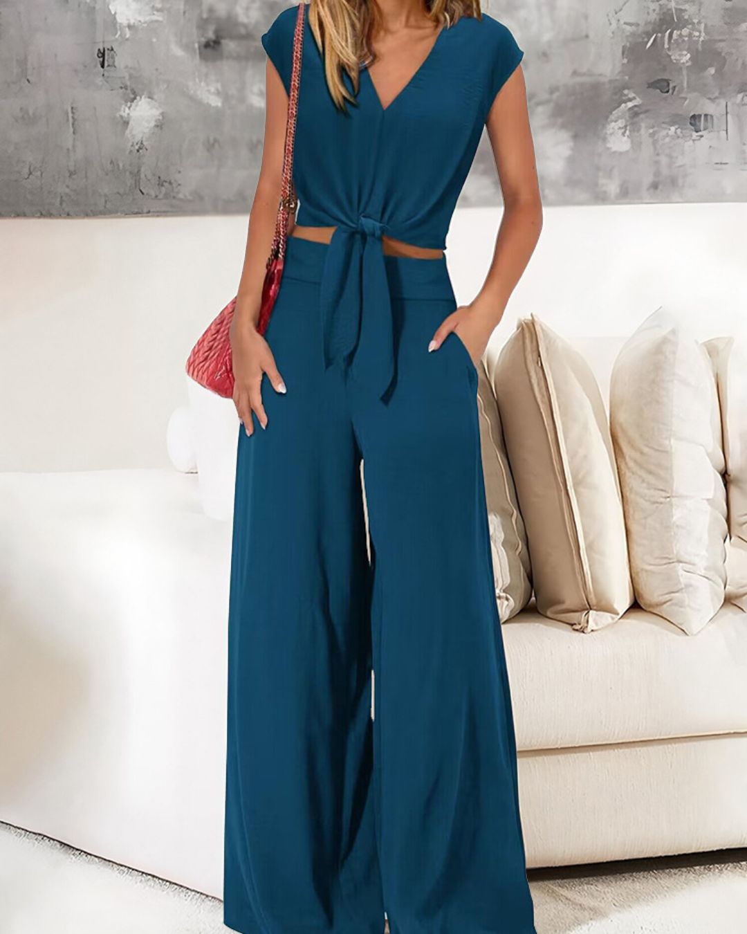 Curvvvy® Casual 2 Piece Outfits Cap Sleeve V Neck Belted Crop Tops Wide Leg Pant Sets