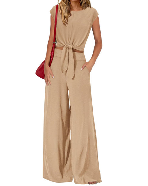 Curvvvy® Casual 2 Piece Outfits Cap Sleeve V Neck Belted Crop Tops Wide Leg Pant Sets