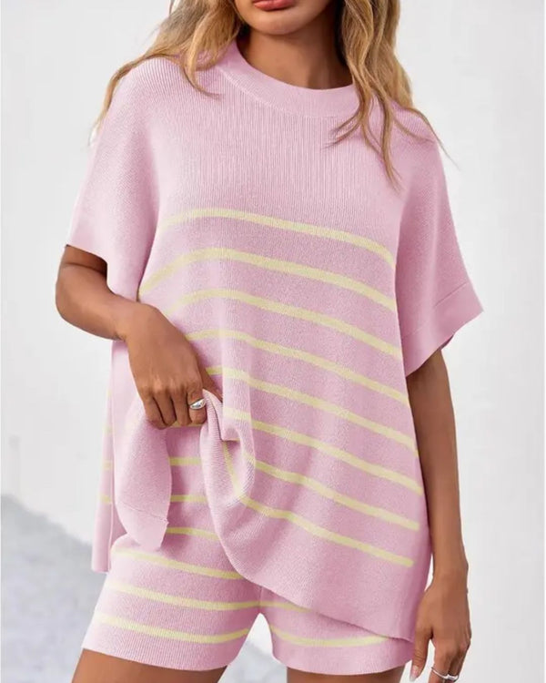 Curvvvy® Striped 2 Piece Outfits Oversized Batwing Short Sleeve Tops High Waisted Shorts Summer Knit Lounge Short Sets