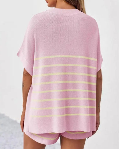Curvvvy® Striped 2 Piece Outfits Oversized Batwing Short Sleeve Tops High Waisted Shorts Summer Knit Lounge Short Sets