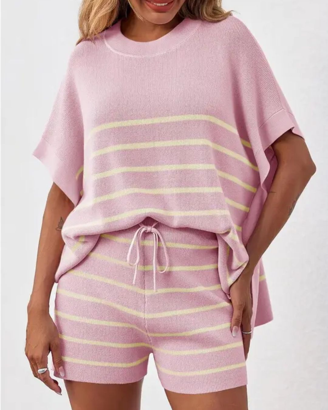 Curvvvy® Striped 2 Piece Outfits Oversized Batwing Short Sleeve Tops High Waisted Shorts Summer Knit Lounge Short Sets