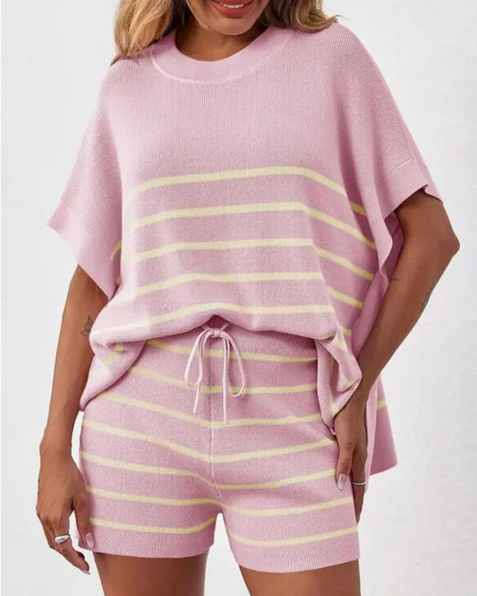Curvvvy® Striped 2 Piece Outfits Oversized Batwing Short Sleeve Tops High Waisted Shorts Summer Knit Lounge Short Sets