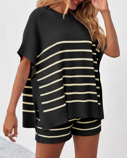 Curvvvy® Striped 2 Piece Outfits Oversized Batwing Short Sleeve Tops High Waisted Shorts Summer Knit Lounge Short Sets