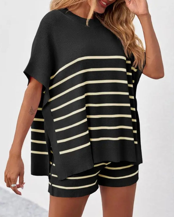Curvvvy® Striped 2 Piece Outfits Oversized Batwing Short Sleeve Tops High Waisted Shorts Summer Knit Lounge Short Sets