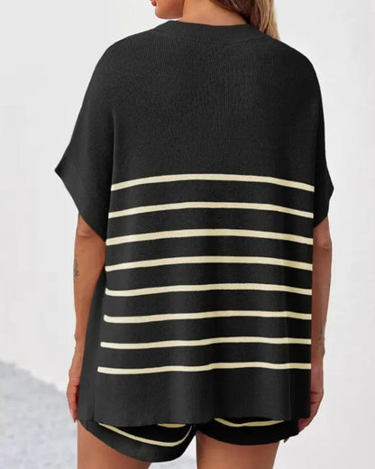 Curvvvy® Striped 2 Piece Outfits Oversized Batwing Short Sleeve Tops High Waisted Shorts Summer Knit Lounge Short Sets