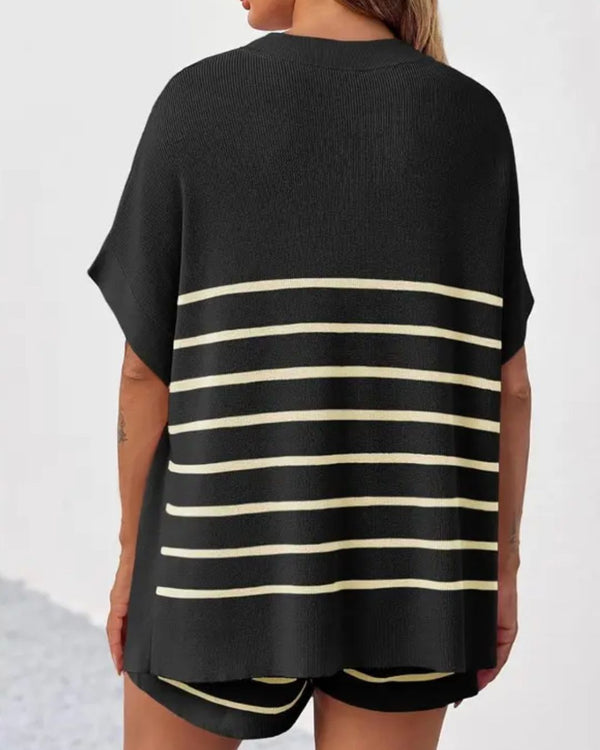 Curvvvy® Striped 2 Piece Outfits Oversized Batwing Short Sleeve Tops High Waisted Shorts Summer Knit Lounge Short Sets