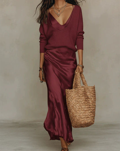 Curvvvy® Effortless Knit & Satin Midi Ensemble