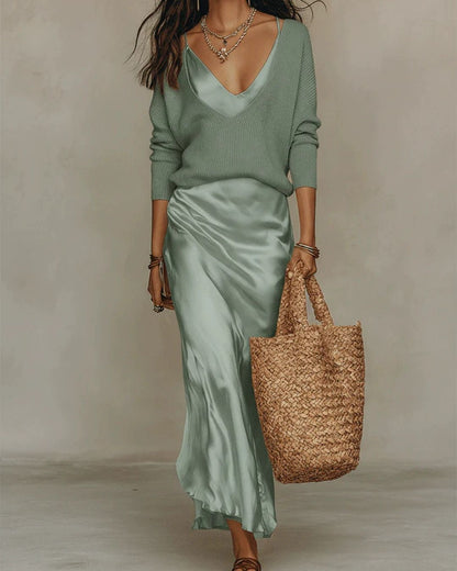 Curvvvy® Effortless Knit & Satin Midi Ensemble