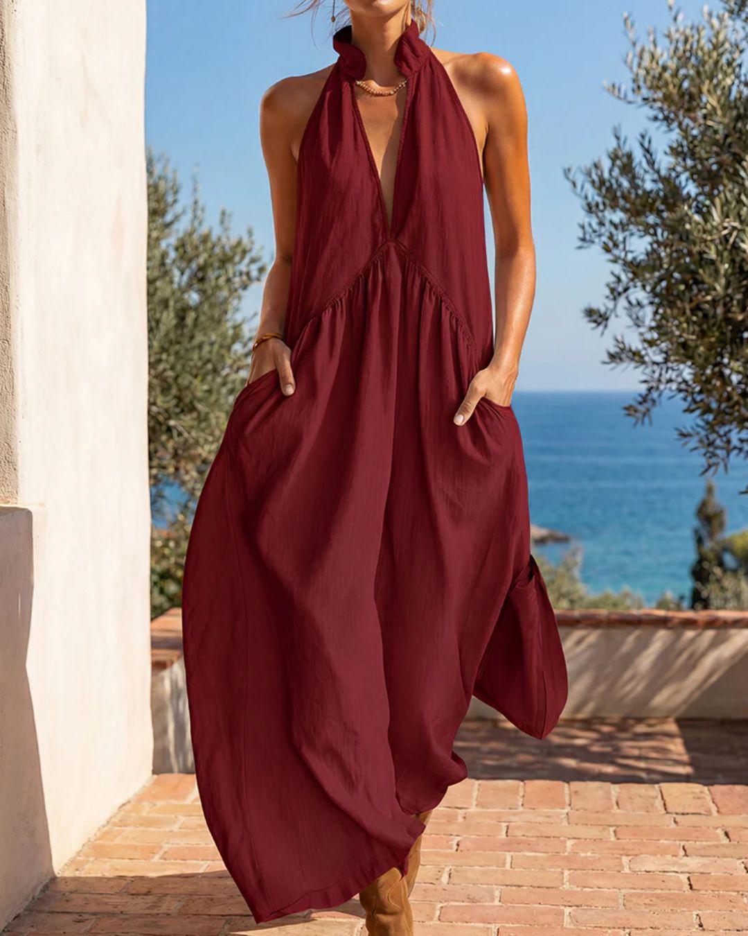 Curvvvy® Slimming Flowy Halter Maxi Dress with Pockets
