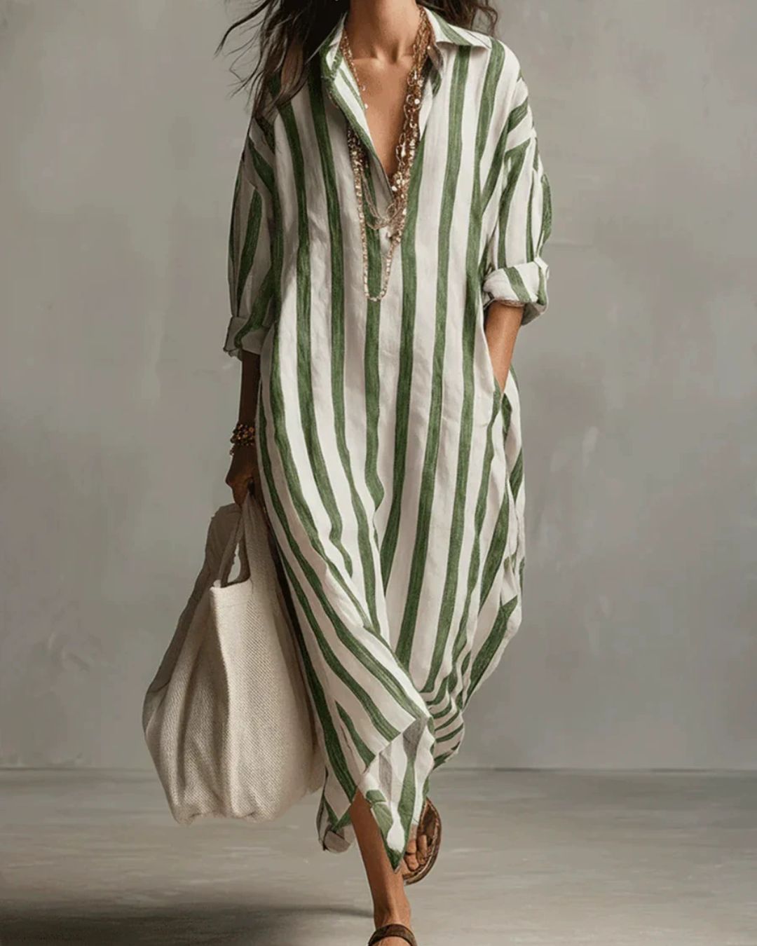 Curvvvy® Casual Striped Shirt Bohemian Style Maxi Dress