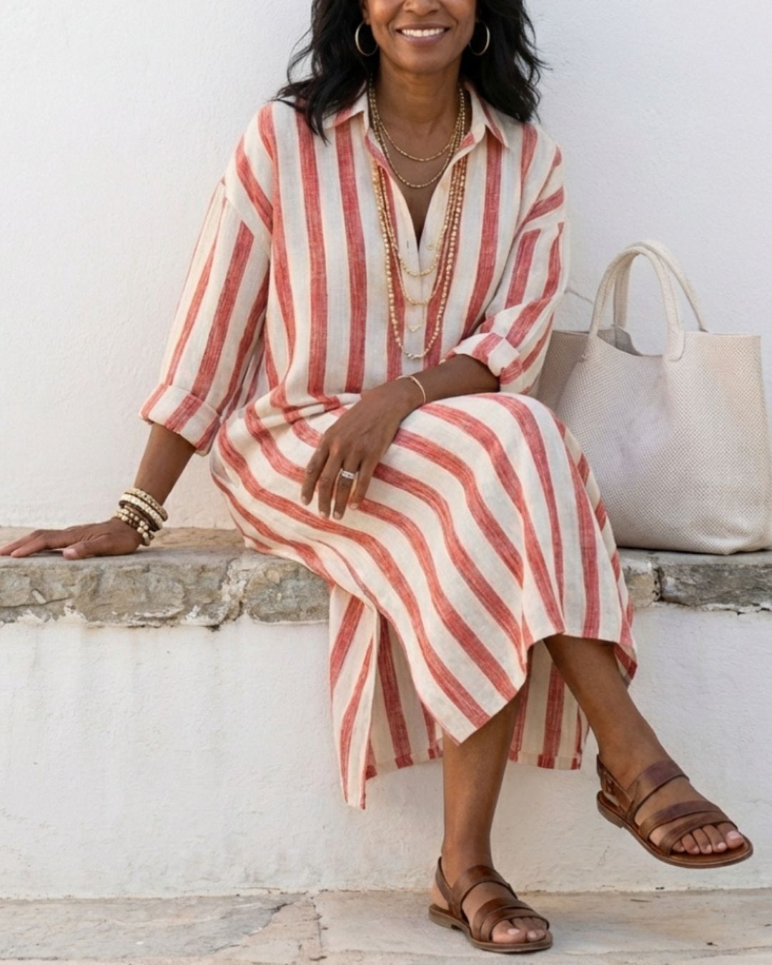 Curvvvy® Casual Striped Shirt Bohemian Style Maxi Dress