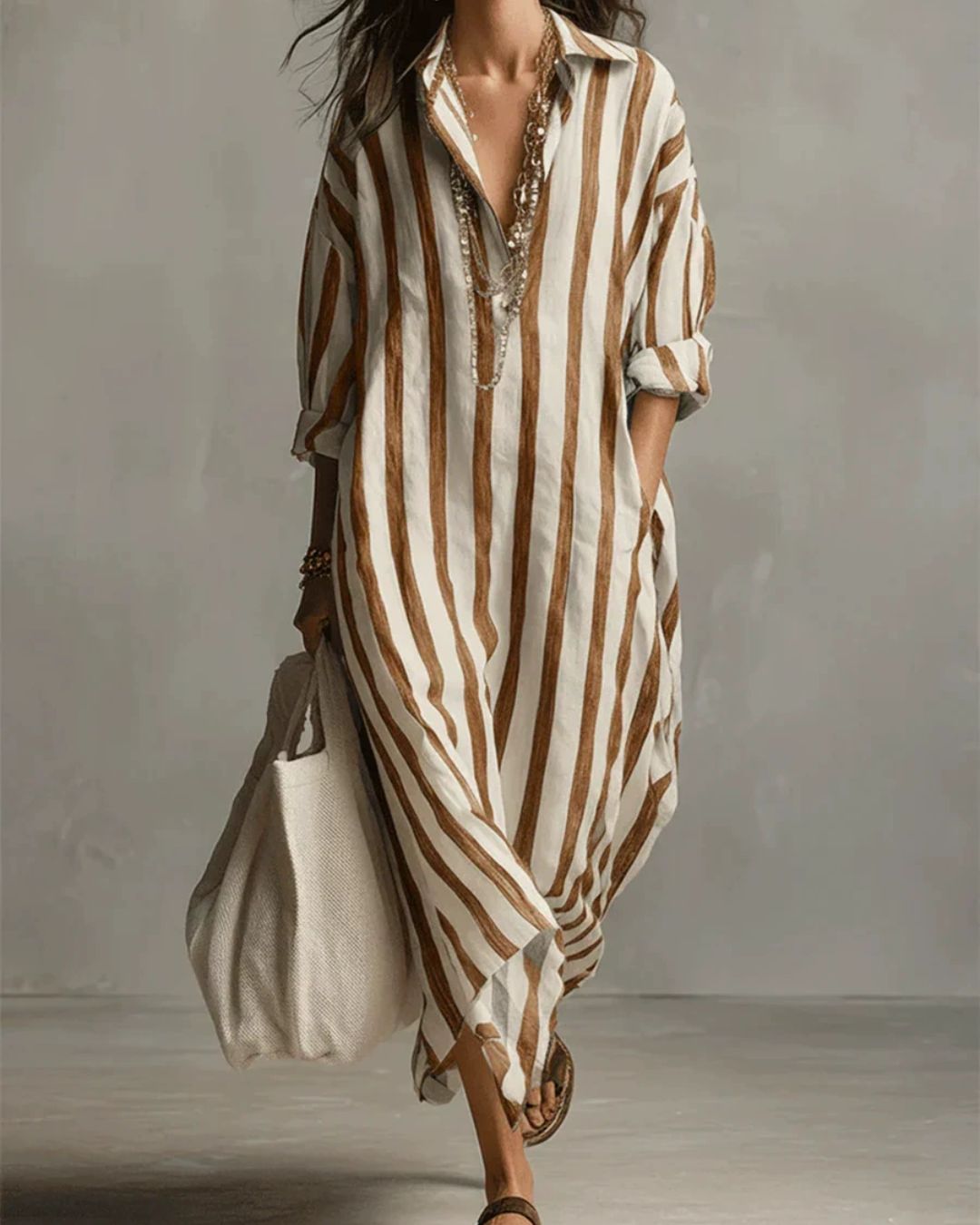 Curvvvy® Casual Striped Shirt Bohemian Style Maxi Dress