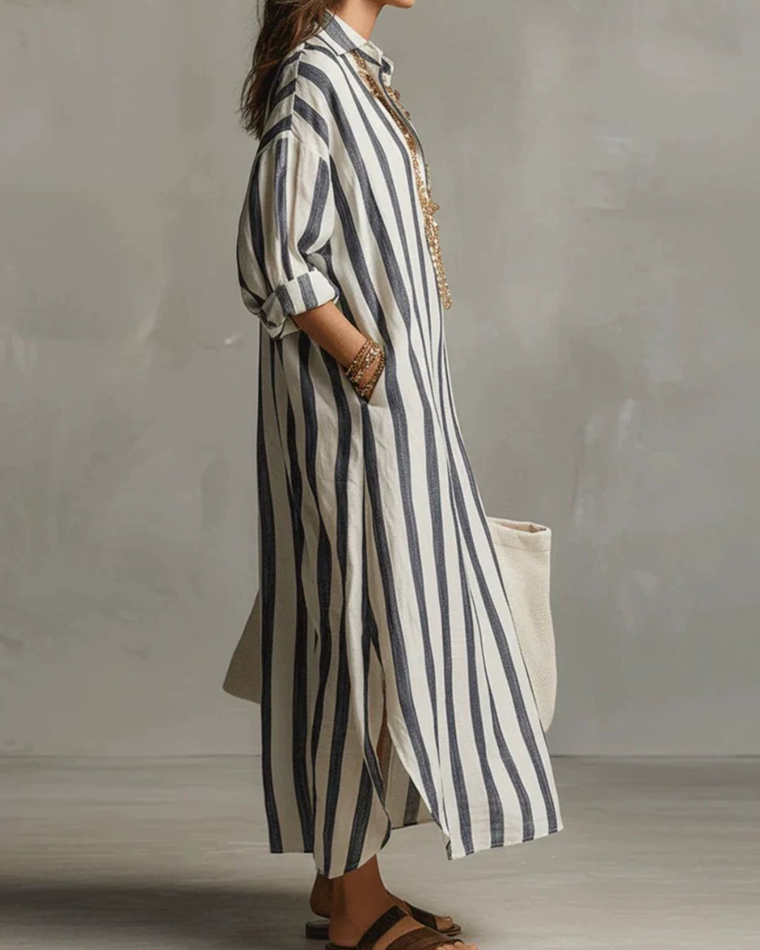 Curvvvy® Casual Striped Shirt Bohemian Style Maxi Dress