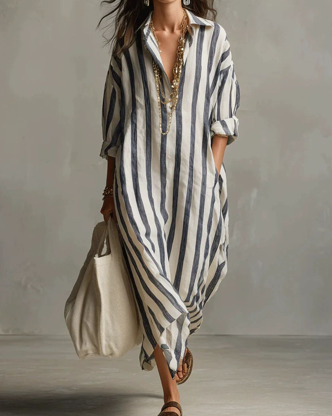 Curvvvy® Casual Striped Shirt Bohemian Style Maxi Dress