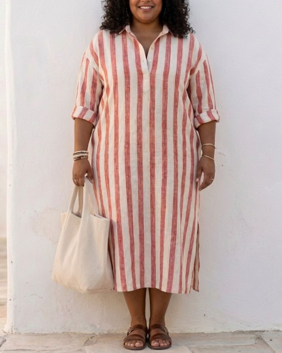 Curvvvy® Casual Striped Shirt Bohemian Style Maxi Dress
