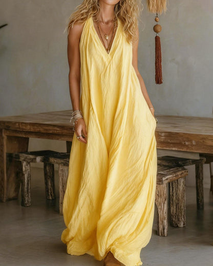 Curvvvy® Flowy Boho V-Neck Halter Maxi Dress